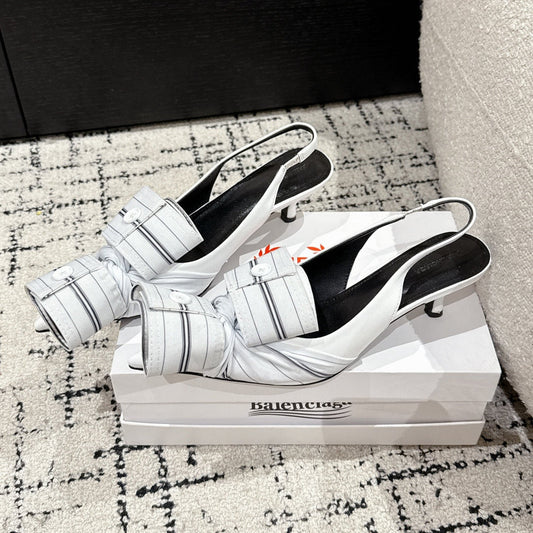 Balanciaga KNIFE CHEMISE 45MM SLINGBACK IN WHITE MIX BLACK COTTON AND CALFSKIN