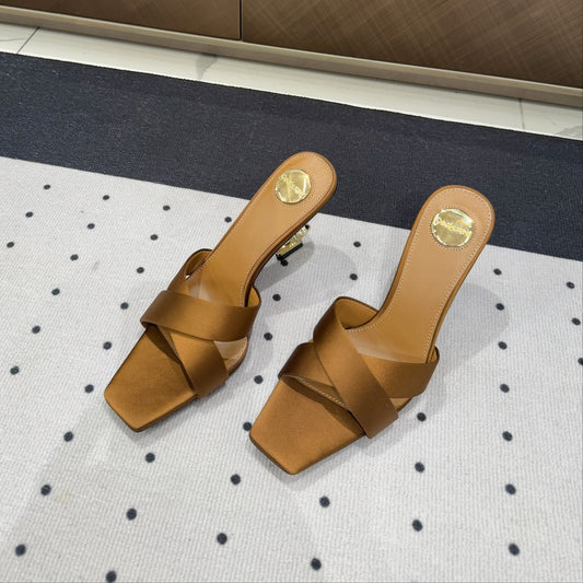 Saint Laurent OPYUM HIGH MULES IN BROWNIE SILK