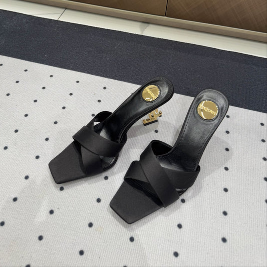 Saint Laurent OPYUM HIGH MULES IN BLACK SILK