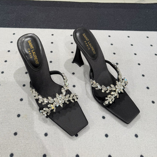 Saint Laurent HIGH RHINESTONE CROSS STRAP MULES IN BLACK SILK
