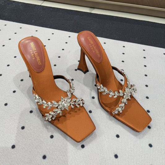 Saint Laurent HIGH RHINESTONE CROSS STRAP MULES IN BRONZE BROWN SILK