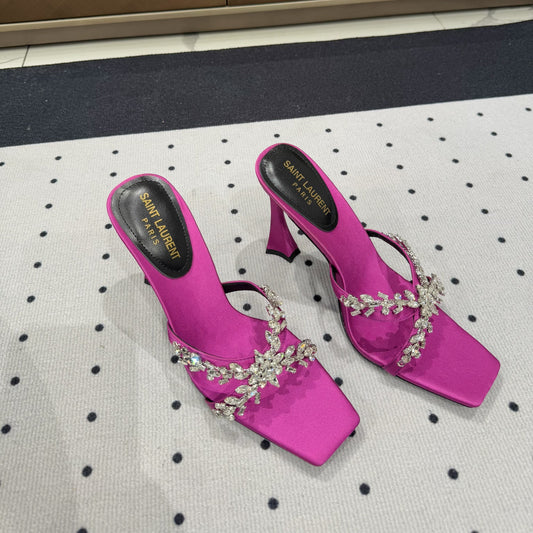 Saint Laurent HIGH RHINESTONE CROSS STRAP MULES IN MAGENTA PINK SILK