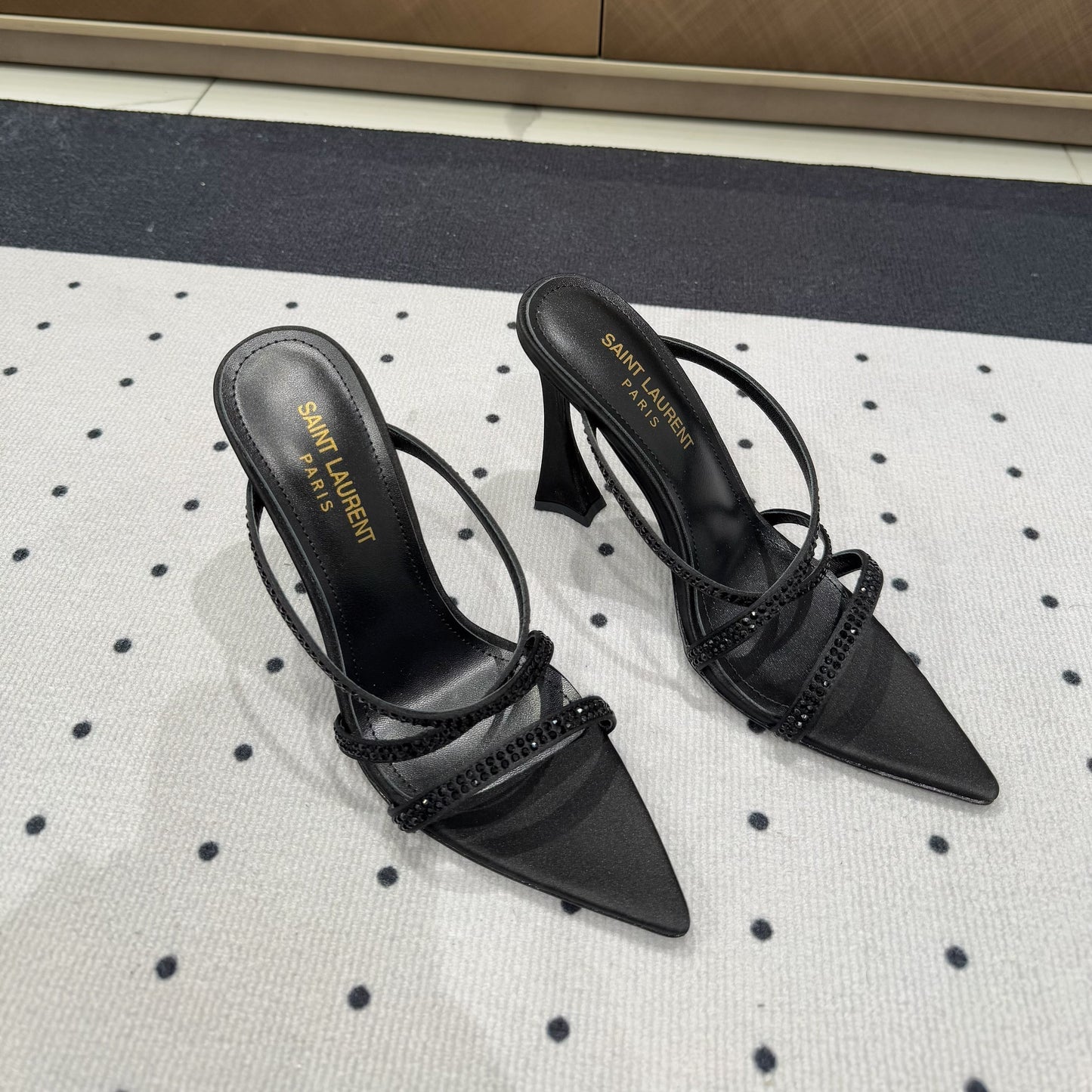 Saint Laurent HIGH CRYSTAL STRAP SANDALS IN BLACK SILK