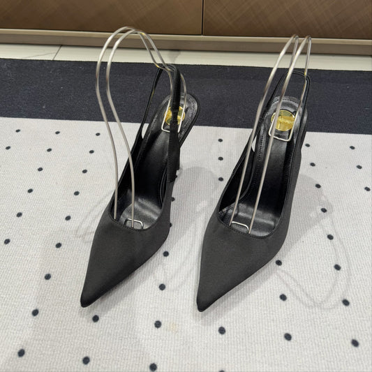 Saint Laurent L'ENTRACTE SLINGBACK PUMPS IN BLACK SATIN