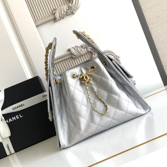 CHANEL 25C Hobo Bag 30cm Silver Metalic Grained Calfskin