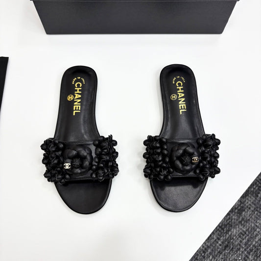 CHANEL 25C Mules Flower Black Calfskin