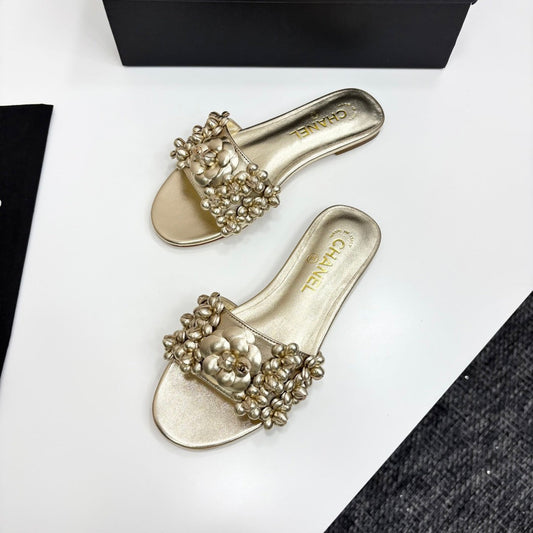 CHANEL 25C Mules Flower Gold Metalic Calfskin