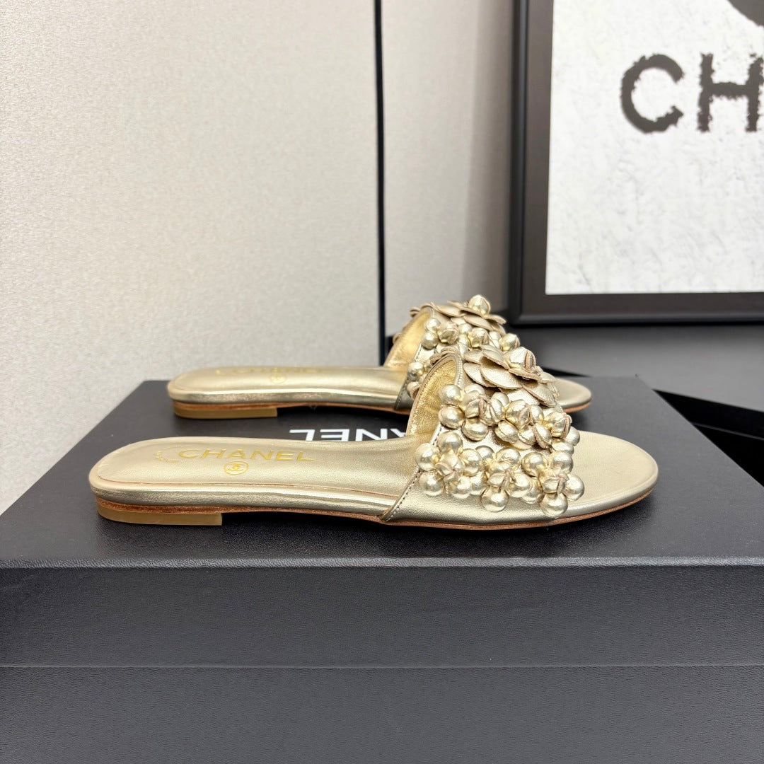 CHANEL 25C Mules Flower Gold Metalic Calfskin