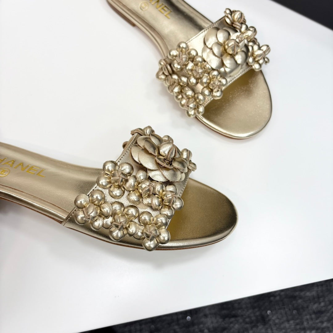 CHANEL 25C Mules Flower Gold Metalic Calfskin