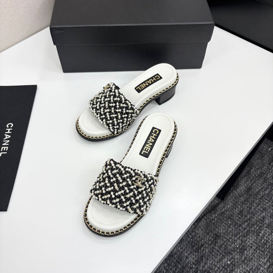 CHANEL 25 Mid Heel Mules Pearl Cord and Lambskin 270775