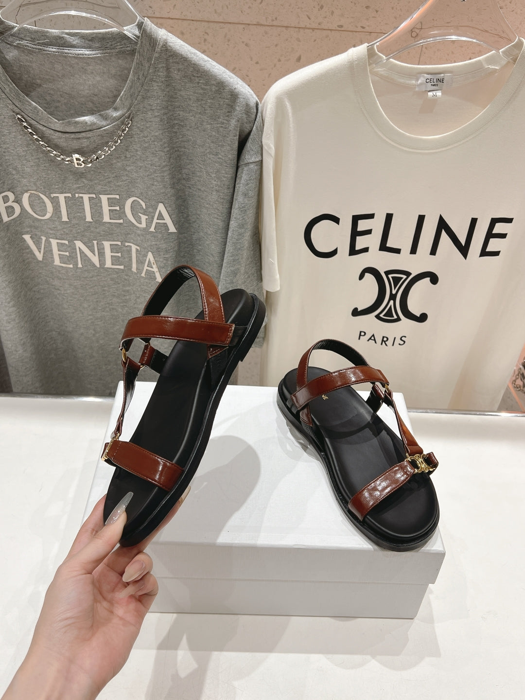 Celine CELINE MAUD SANDAL WITH TRIOMPHE DEEP BROWN COWHIDE 236756