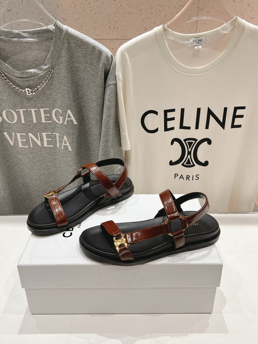 Celine CELINE MAUD SANDAL WITH TRIOMPHE DEEP BROWN COWHIDE 236756