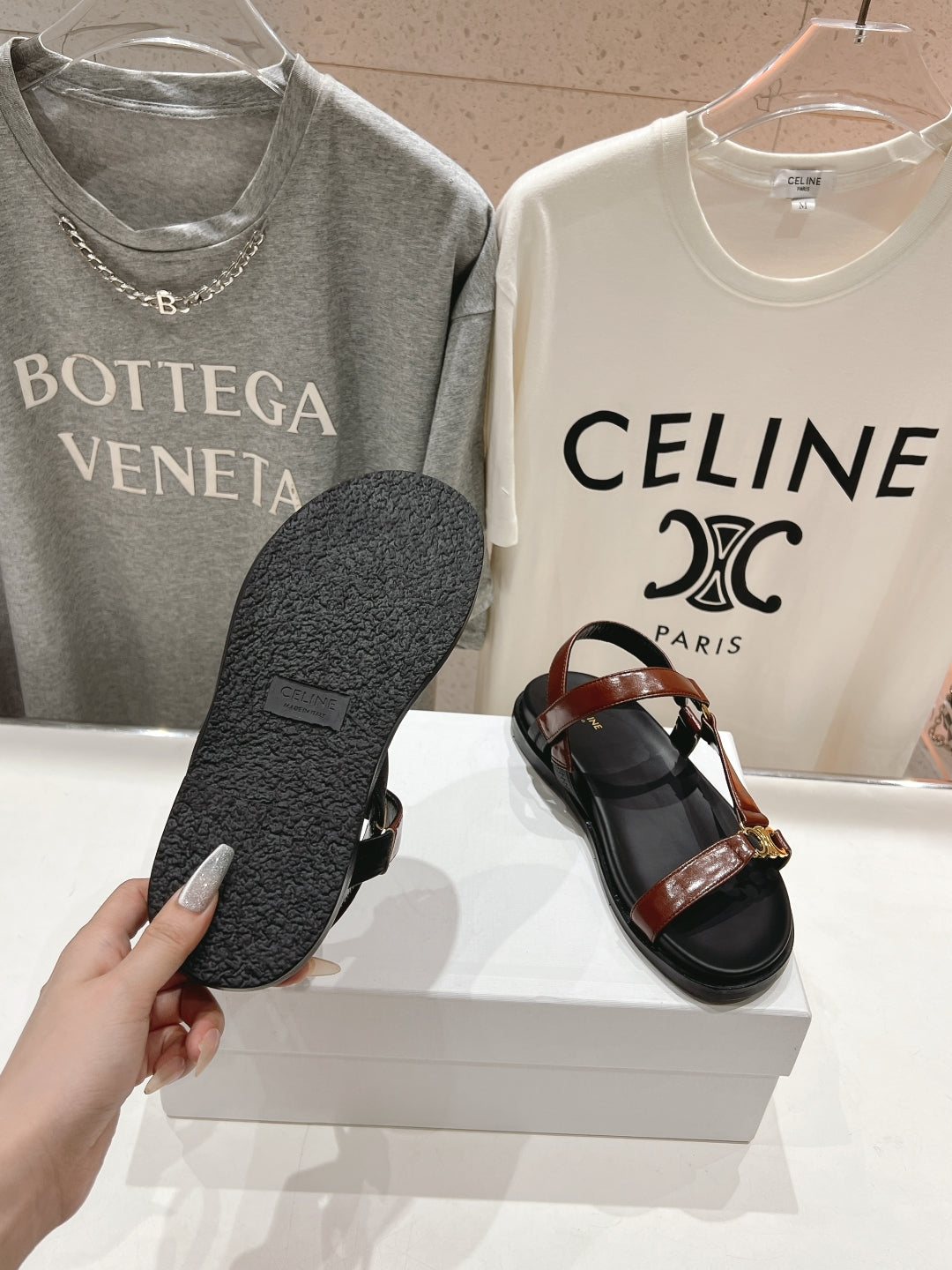 Celine CELINE MAUD SANDAL WITH TRIOMPHE DEEP BROWN COWHIDE 236756