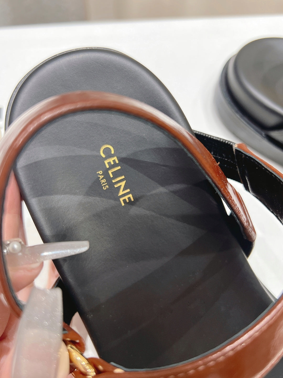 Celine CELINE MAUD SANDAL WITH TRIOMPHE DEEP BROWN COWHIDE 236756