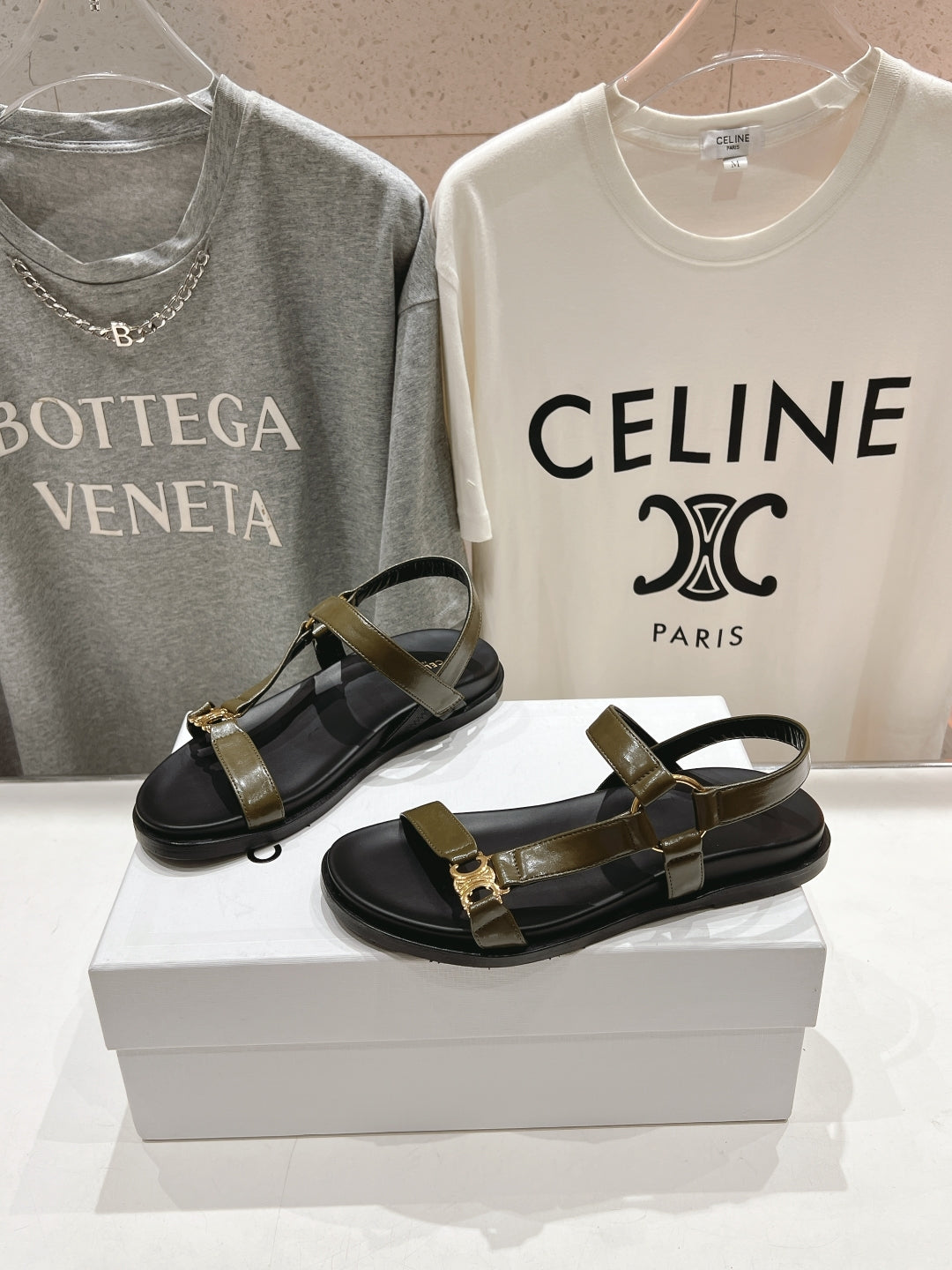 Celine CELINE MAUD SANDAL WITH TRIOMPHE ARMY GREEN COWHIDE 236757