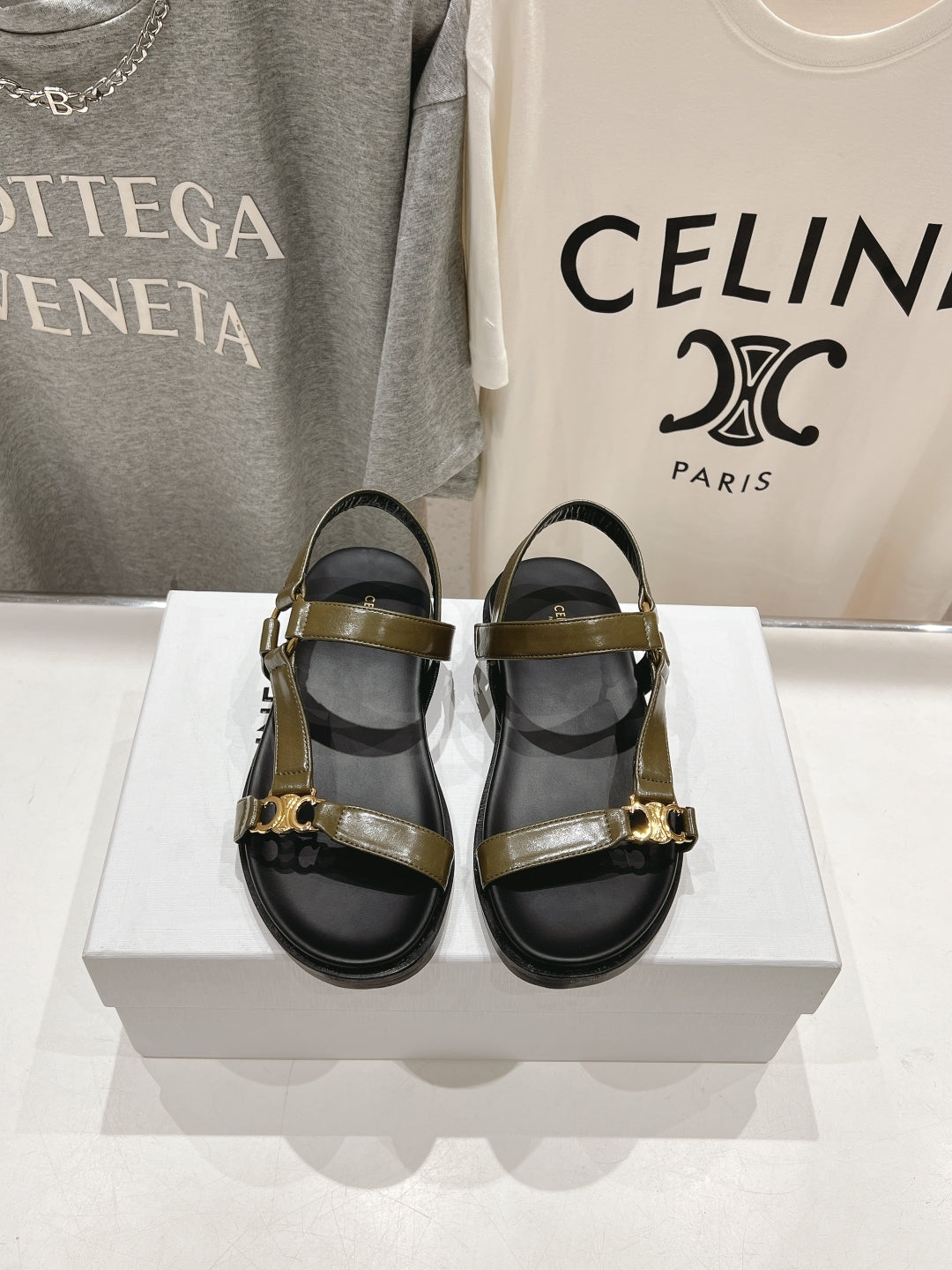 Celine CELINE MAUD SANDAL WITH TRIOMPHE ARMY GREEN COWHIDE 236757