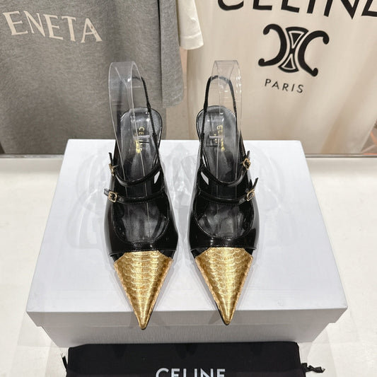 Celine Celine 25C Judy Double Strap Mary Jane Slingback Black mix Gold Sheepskin 236775