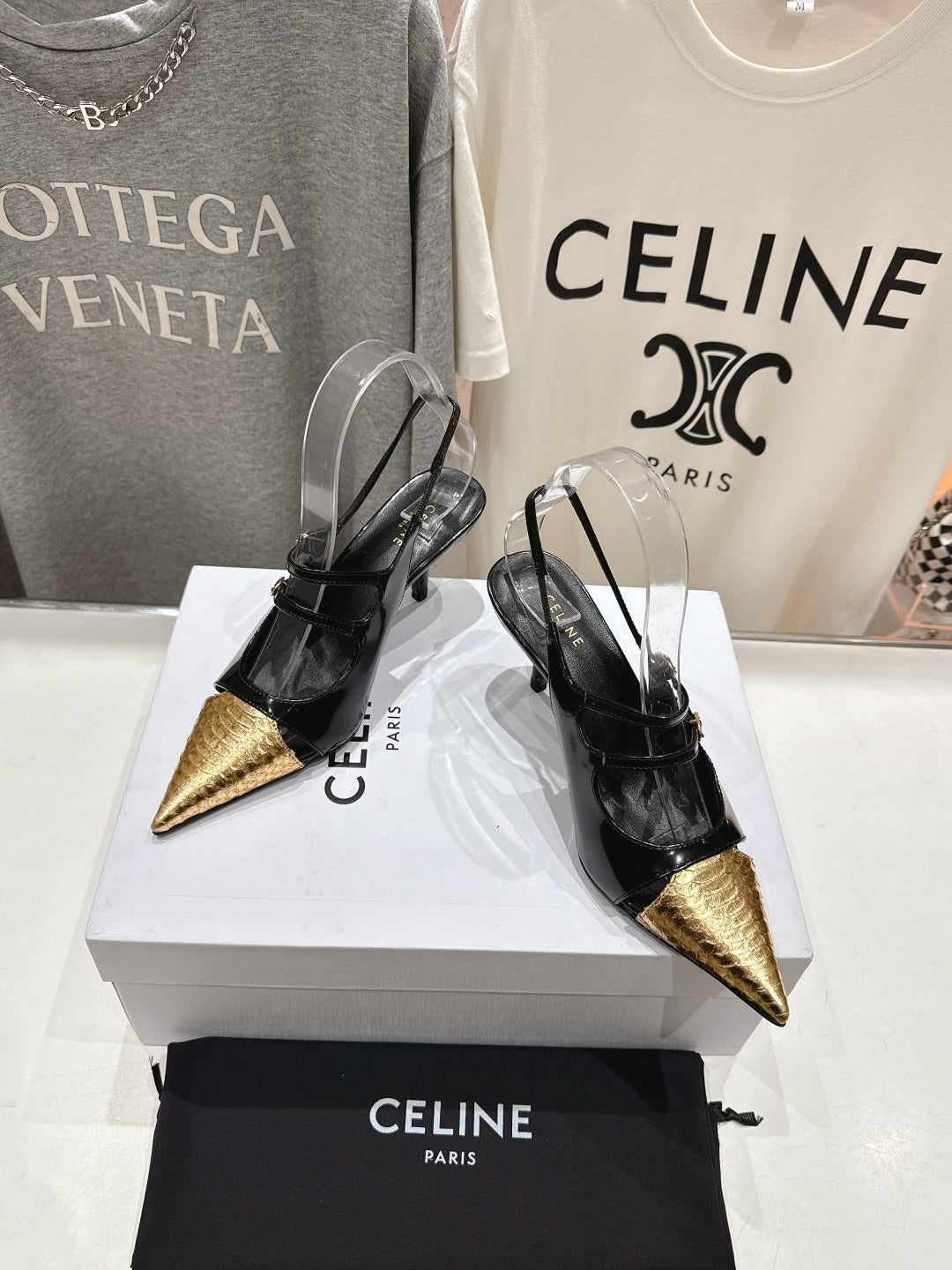 Celine Celine 25C Judy Double Strap Mary Jane Slingback Black mix Gold Sheepskin 236775