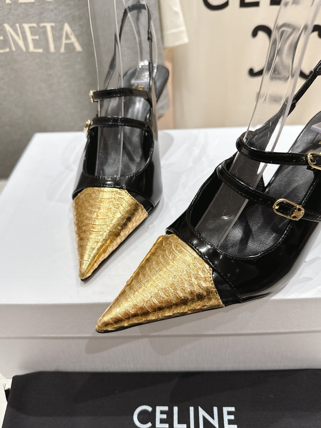 Celine Celine 25C Judy Double Strap Mary Jane Slingback Black mix Gold Sheepskin 236775