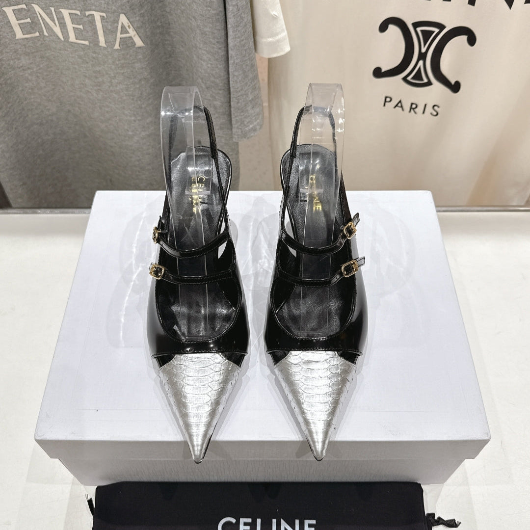 Celine Celine 25C Judy Double Strap Mary Jane Slingback Black mix Silver Sheepskin 236776