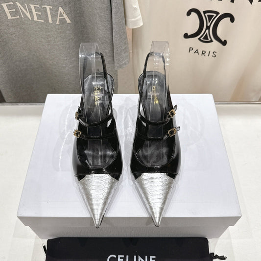 Celine Celine 25C Judy Double Strap Mary Jane Slingback Black mix Silver Sheepskin 236776