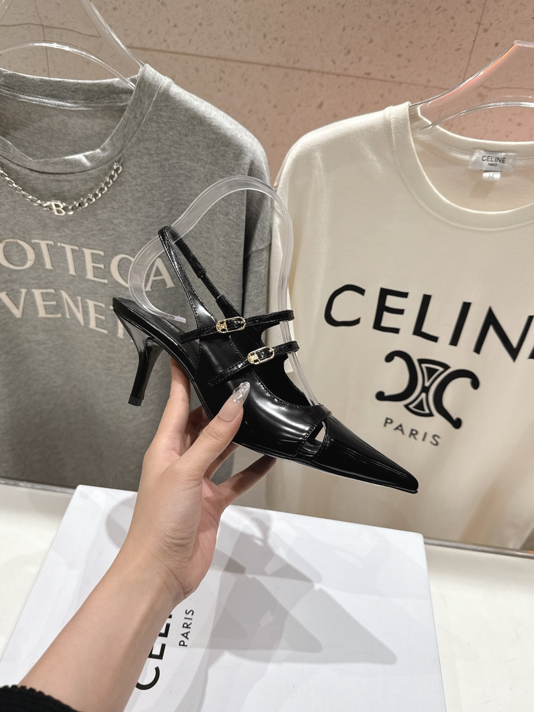 Celine Celine 25C Judy Double Strap Mary Jane Slingback Black Sheepskin 236778
