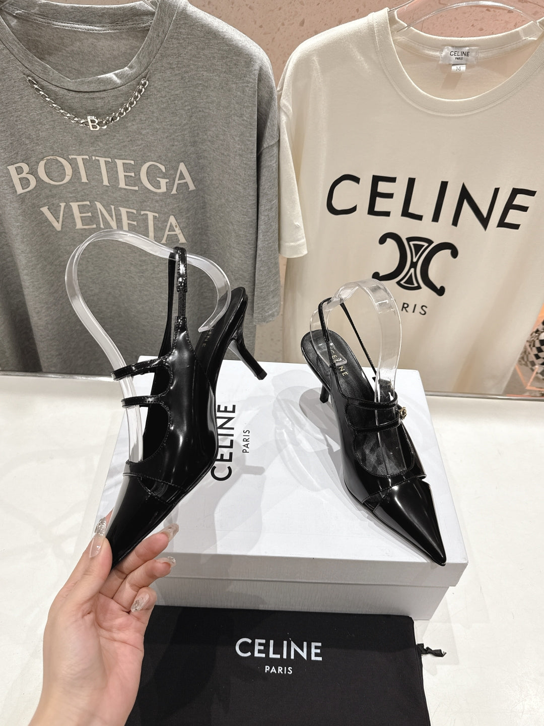 Celine Celine 25C Judy Double Strap Mary Jane Slingback Black Sheepskin 236778
