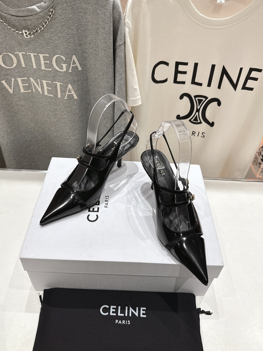 Celine Celine 25C Judy Double Strap Mary Jane Slingback Black Sheepskin 236778