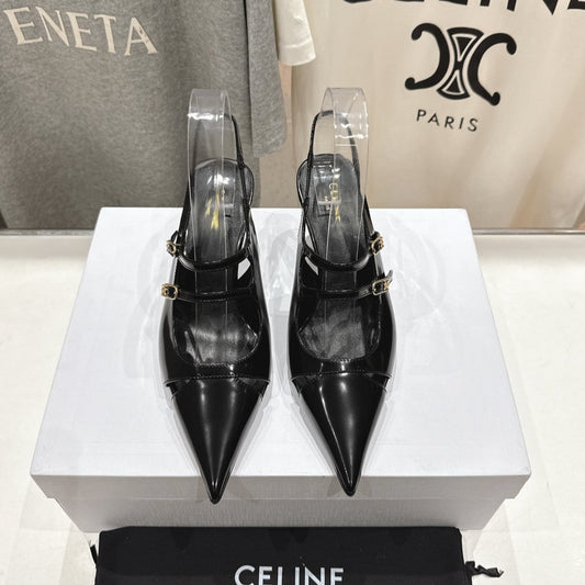 Celine Celine 25C Judy Double Strap Mary Jane Slingback Black Sheepskin 236778