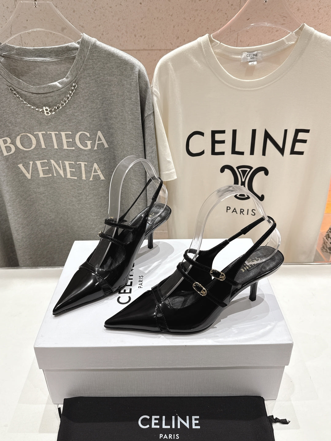 Celine Celine 25C Judy Double Strap Mary Jane Slingback Black Sheepskin 236778