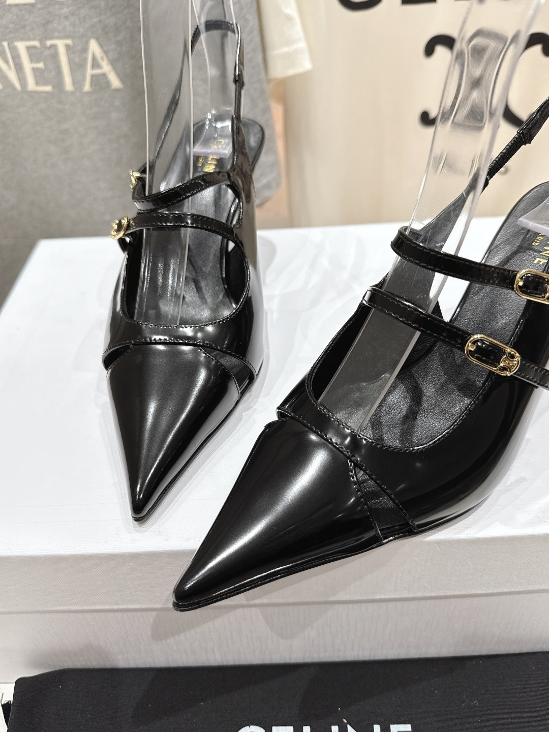 Celine Celine 25C Judy Double Strap Mary Jane Slingback Black Sheepskin 236778