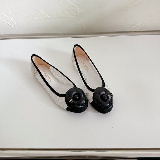 CHANEL Ballet Flats White Lace Mesh Black Grosgrain Flower