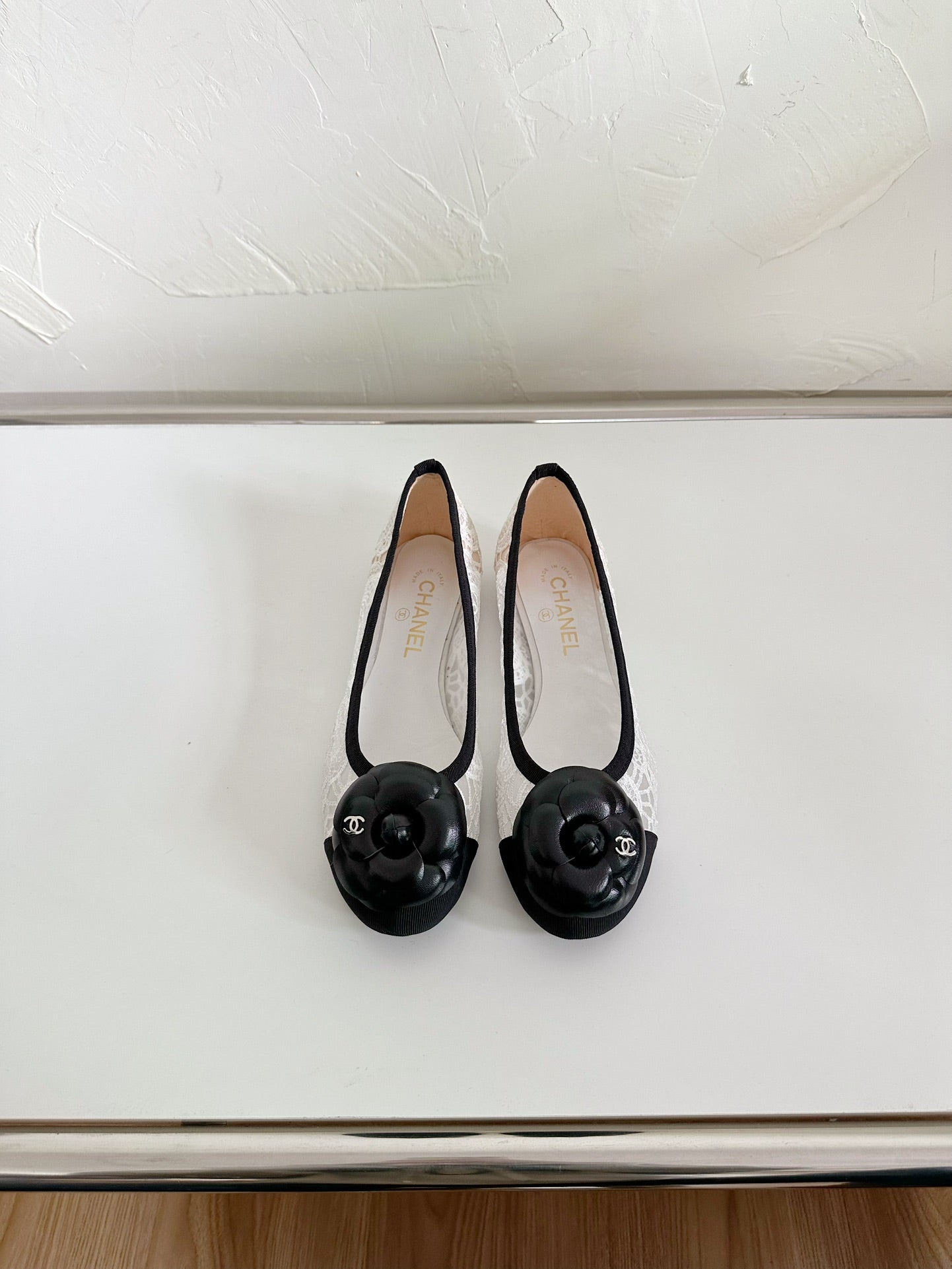 CHANEL Ballet Flats White Lace Mesh Black Grosgrain Flower
