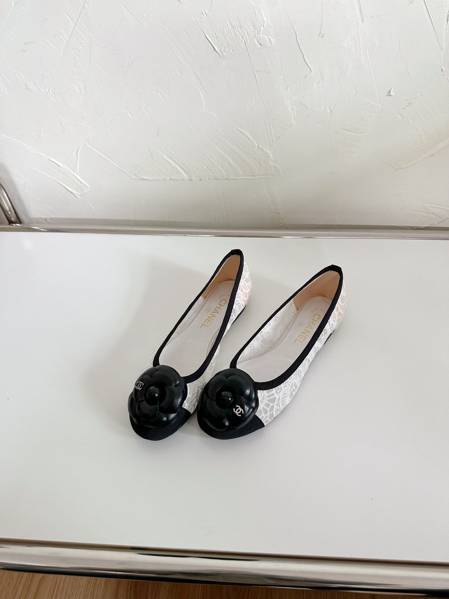CHANEL Ballet Flats White Lace Mesh Black Grosgrain Flower