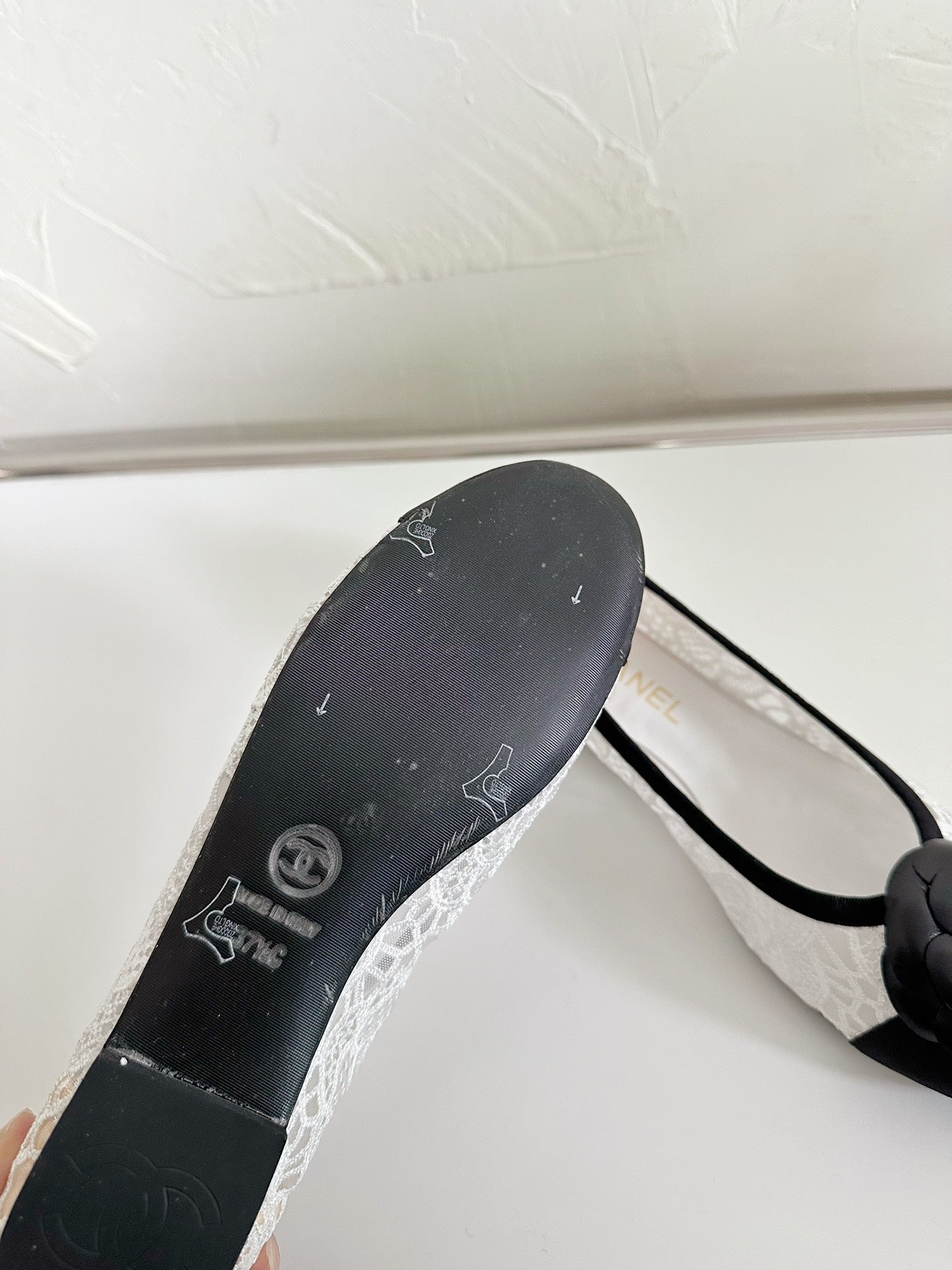 CHANEL Ballet Flats White Lace Mesh Black Grosgrain Flower