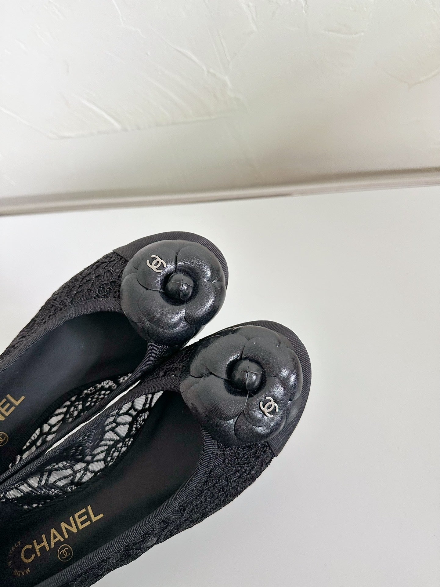 CHANEL Ballet Flats Black Tweed Grosgrain Flower