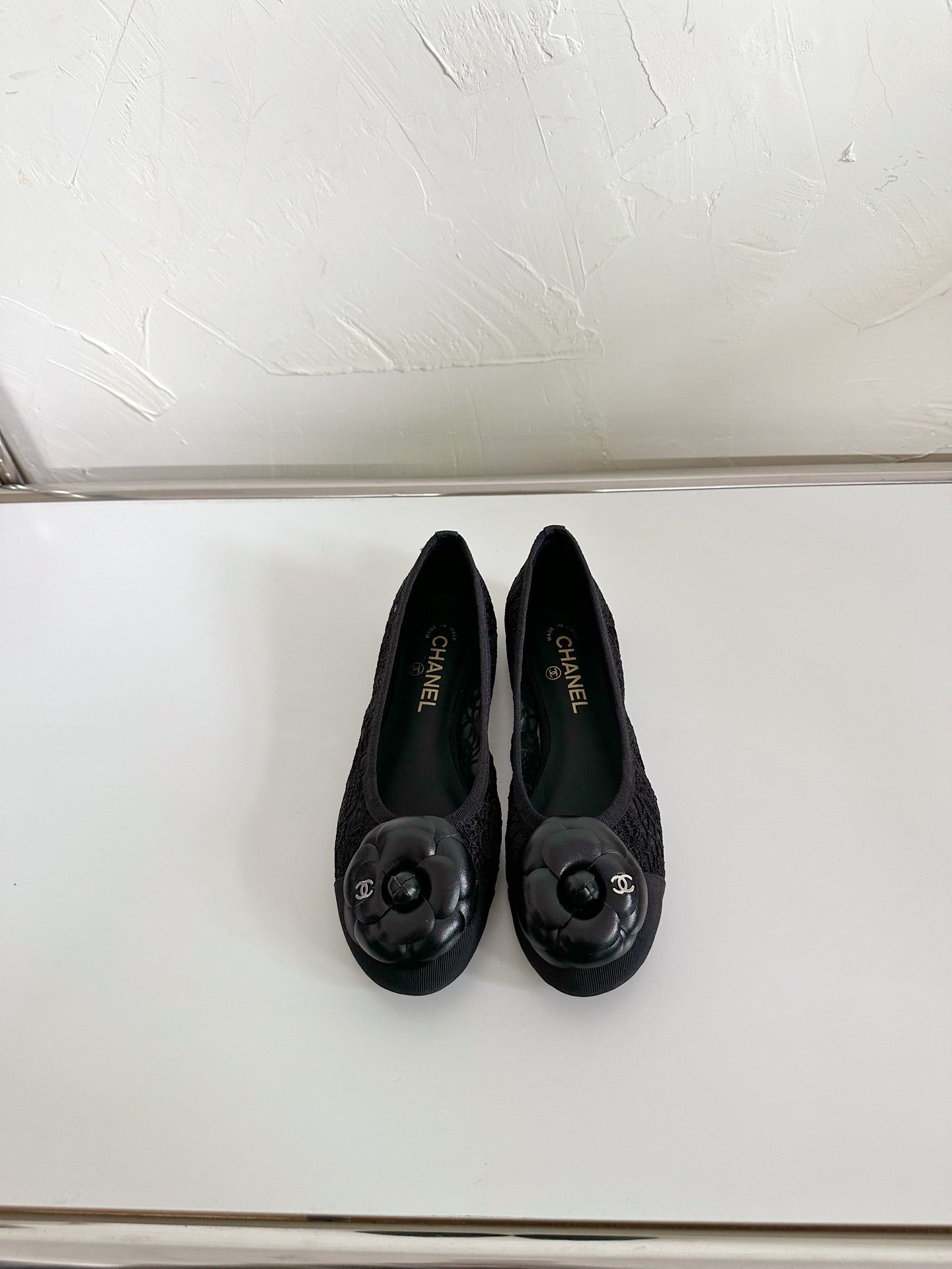 CHANEL Ballet Flats Black Tweed Grosgrain Flower