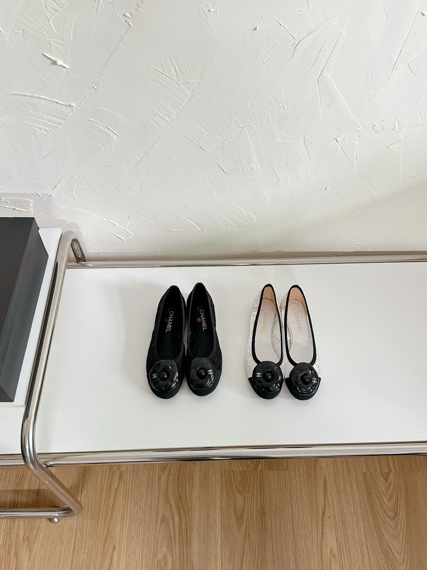 CHANEL Ballet Flats Black Tweed Grosgrain Flower