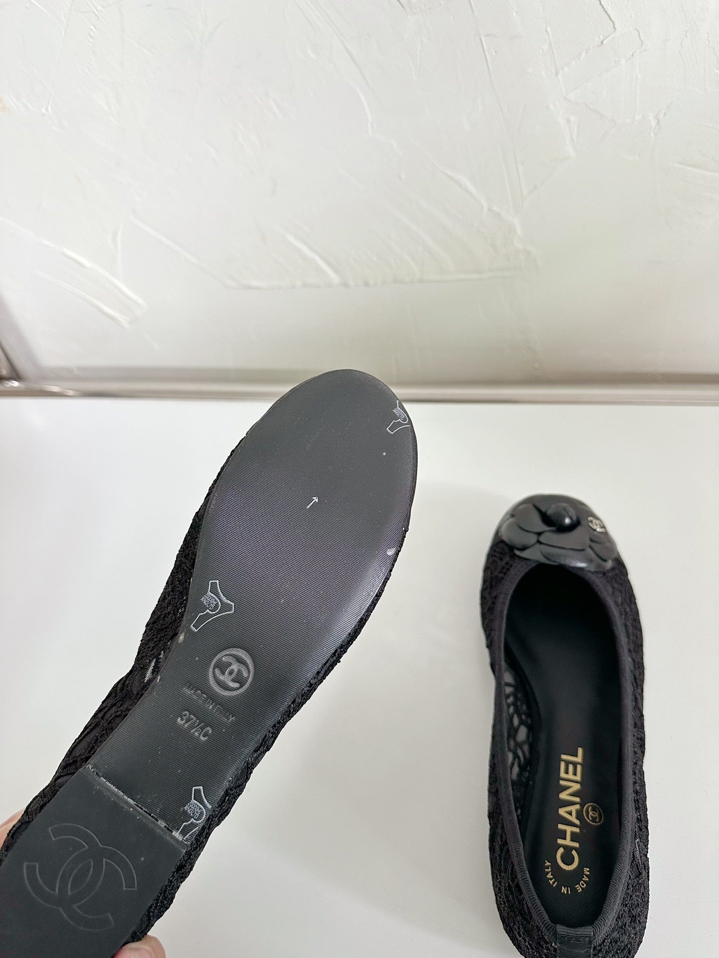 CHANEL Ballet Flats Black Tweed Grosgrain Flower