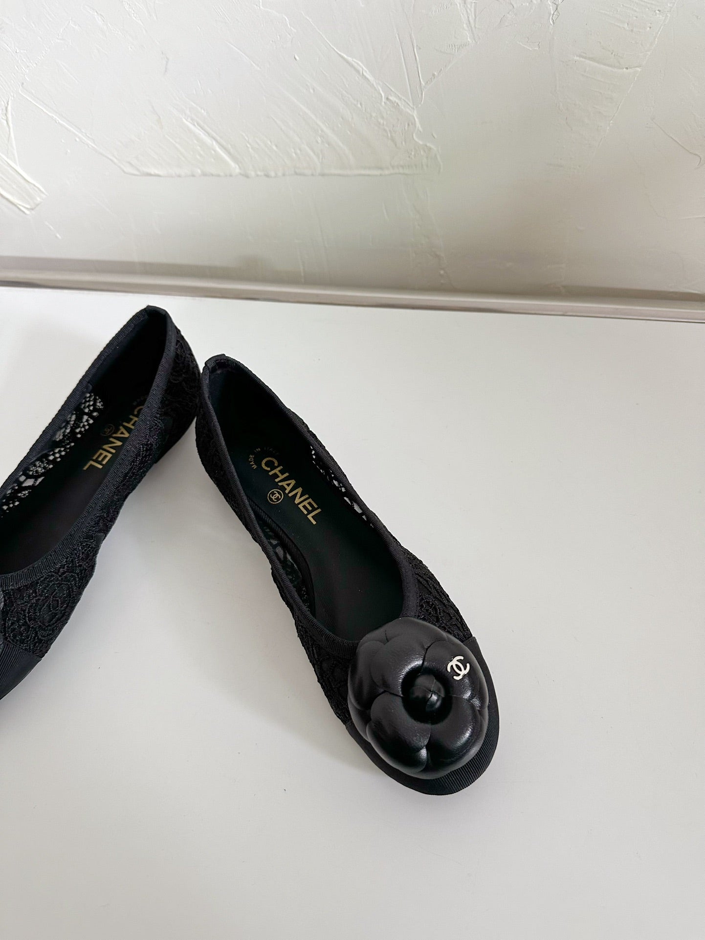 CHANEL Ballet Flats Black Tweed Grosgrain Flower