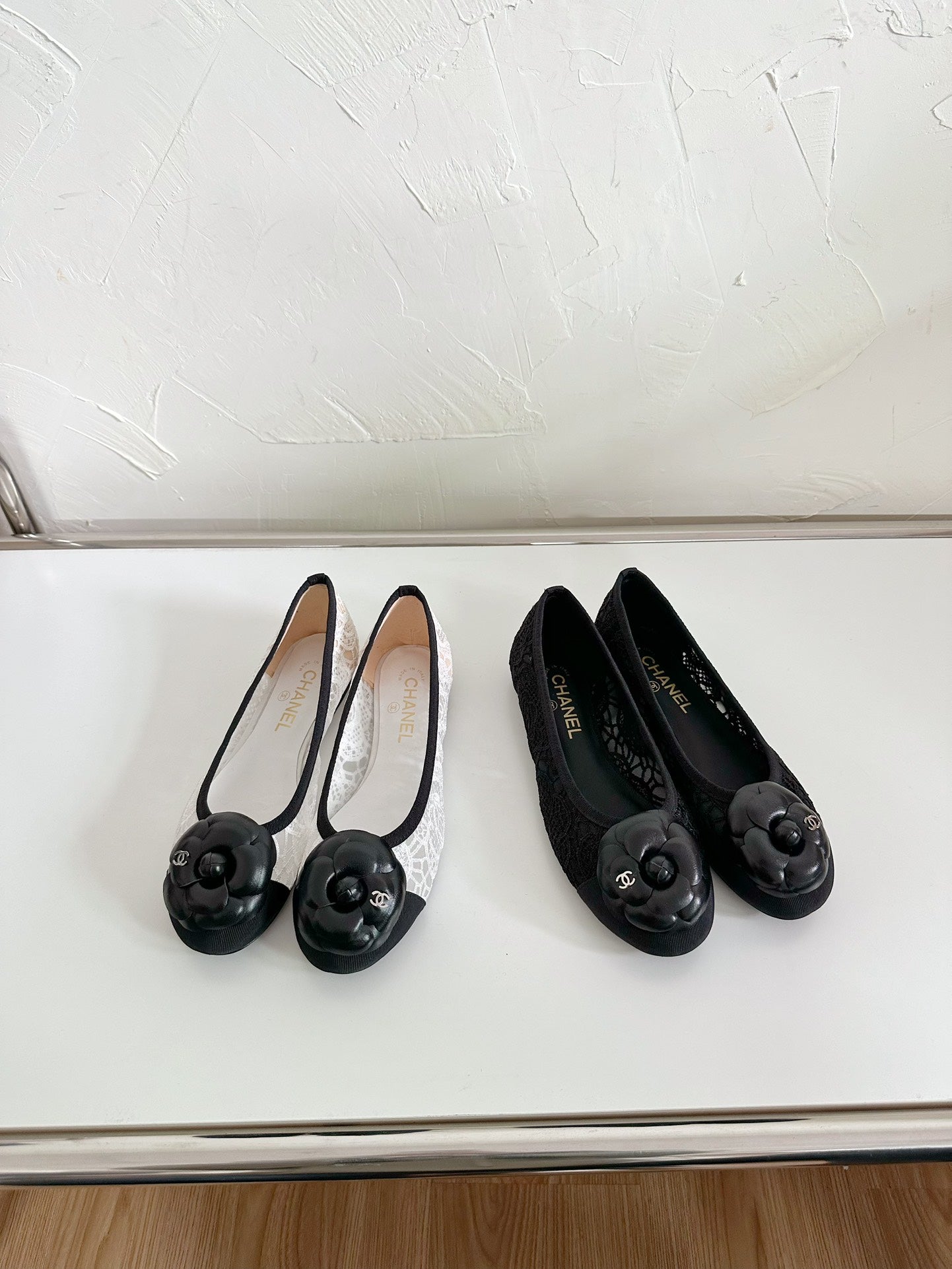 CHANEL Ballet Flats Black Tweed Grosgrain Flower