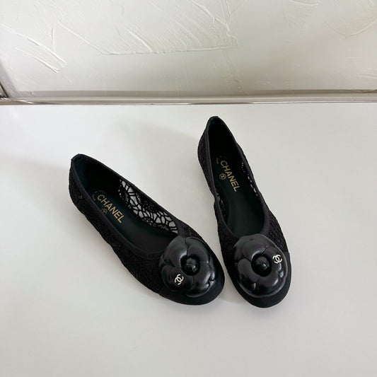 CHANEL Ballet Flats Black Tweed Grosgrain Flower