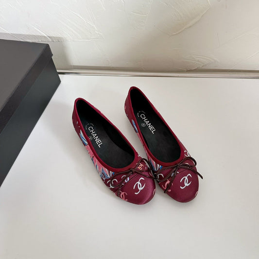 CHANEL Ballet Flats Red Cloth