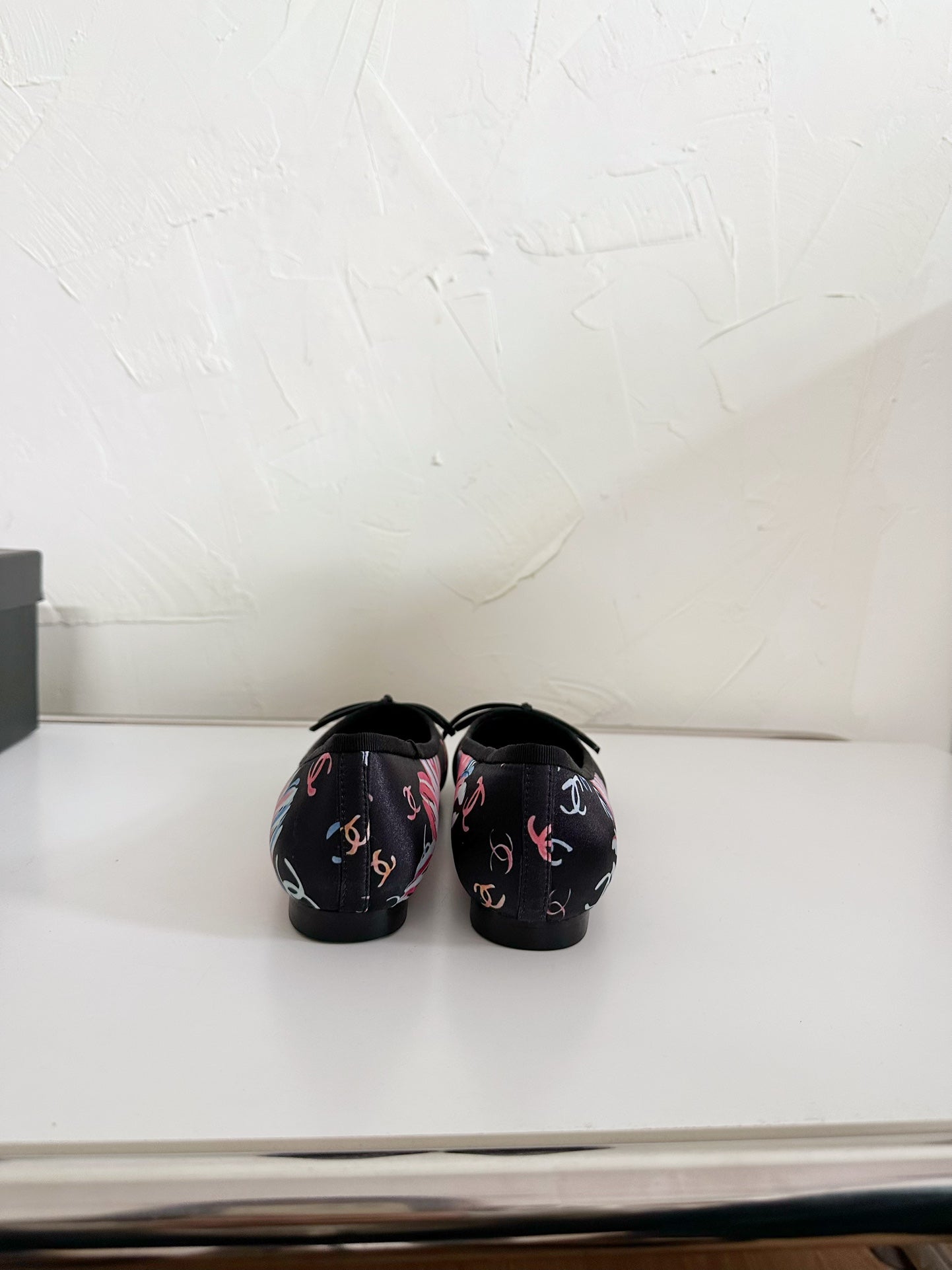 CHANEL Ballet Flats White Cloth Black Patent Calfskin