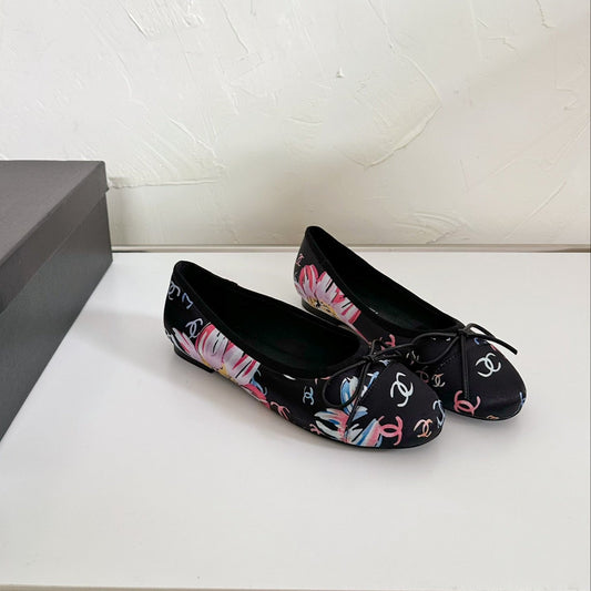 CHANEL Ballet Flats Black Cloth