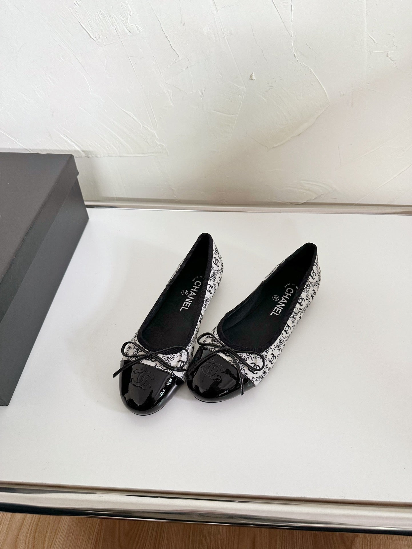 CHANEL Ballet Flats White Cloth Black Patent Calfskin
