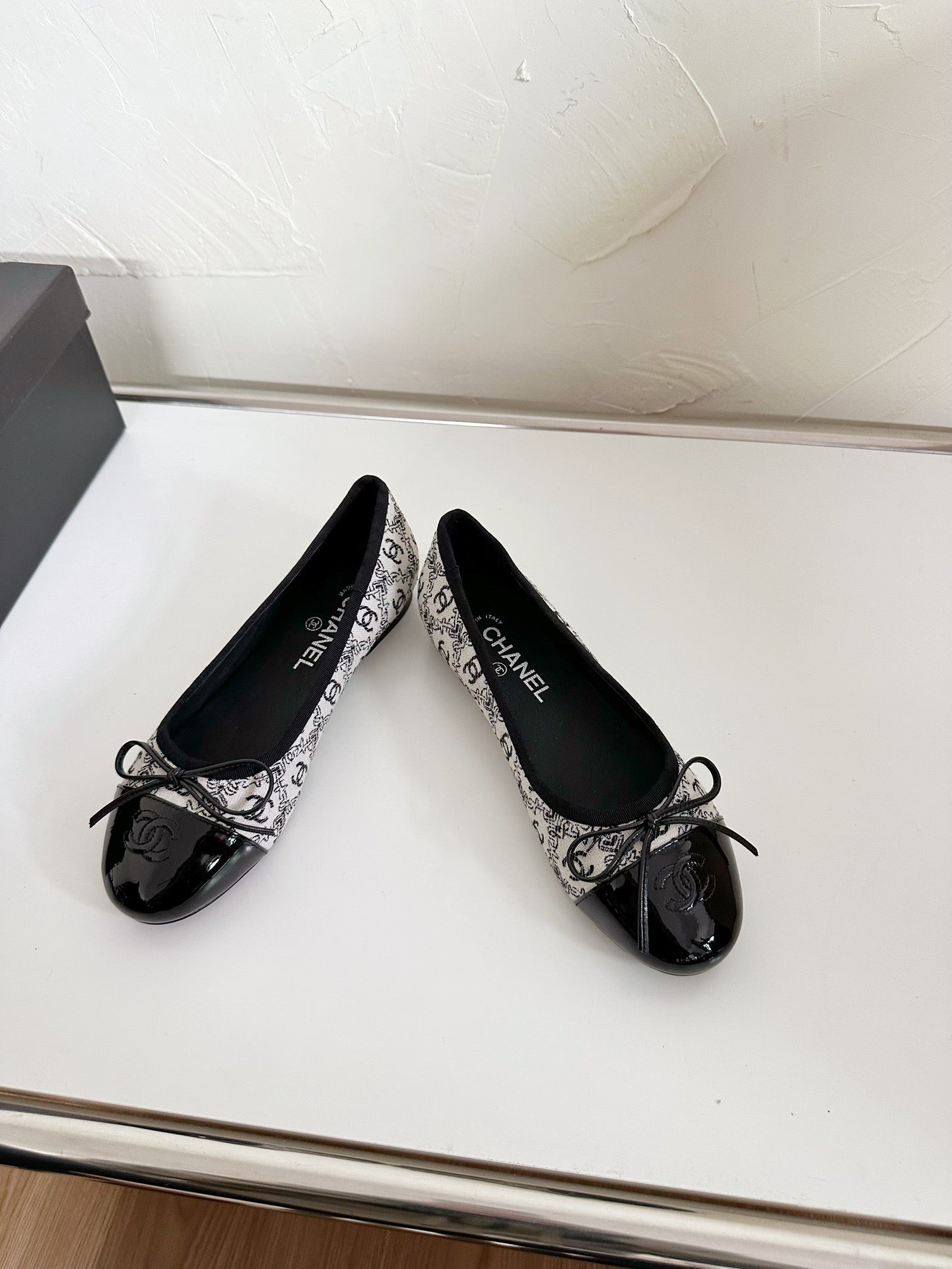 CHANEL Ballet Flats White Cloth Black Patent Calfskin