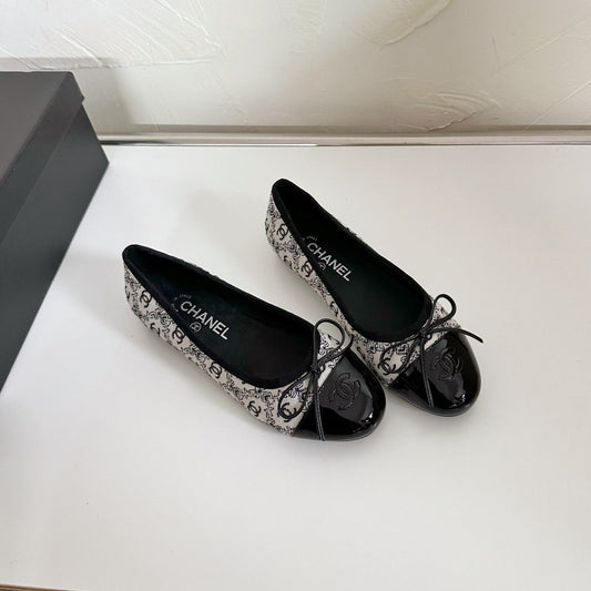 CHANEL Ballet Flats White Cloth Black Patent Calfskin