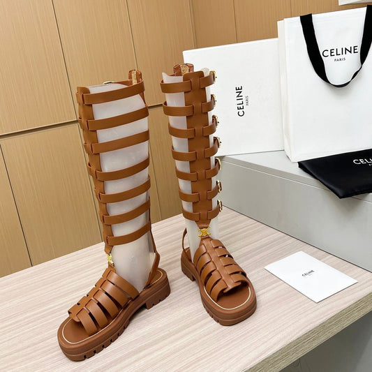 Celine Triomphe high boots  leather buckles Ginggerbread Brown