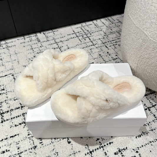 Celine CROSS STRAP SLIPPER IN WHITE SHEARLING